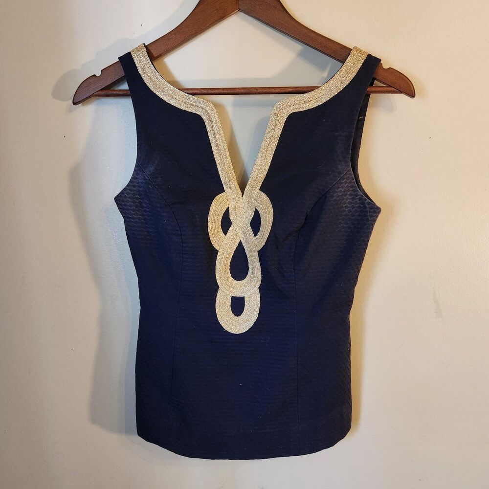 Lilly Pulitzer Navy Gold Rope Trim Textured Top Size 00 Old Money Quiet Luxury